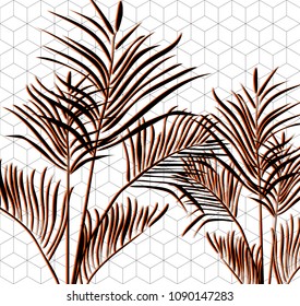 Black leaves of kentia with orange shadow in geometrical pattern. Vector illustration.