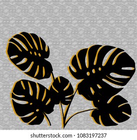 Black leaves of monstera deliciosa with orange shadow on geometrical pattern. Vector illustration.