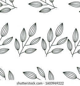 Black leaves on white background. Seamless pattern