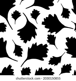 Black leaves on a white background. Vector seamless pattern. Doodle illustration.