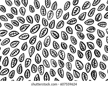 Black leaves pattern on white background. Hand drawn vector illustration.