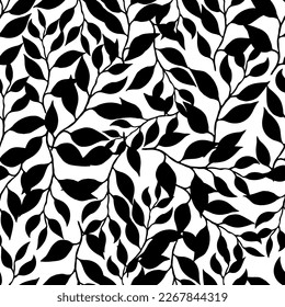 Black leaves. Seamless endless pattern. Silhouette of branches with leaves isolated on white background.. Minimalist style background. Design for fabric, wallpaper, paper print