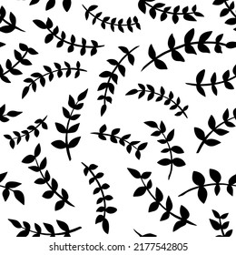 Schwarze Blätter nahtloses Muster. Design für Papier, Umschläge, Karten, Stoffe, Hintergrund und alles andere. Vektorgrafik.