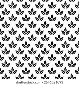 Black leaves silhouette, seamless pattern on white background, simple graphic pictogram illustration, eco friendly organic concept, flat label element for logo, vegan, save energy and self care