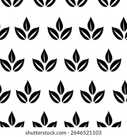 Black leaves silhouette, seamless pattern on white background, simple graphic pictogram illustration, eco friendly organic concept, flat label element for logo, vegan, save energy and self care