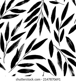 Black leaves vector seamless pattern. Abstract decorative botanical ornament. Hand drawn ink illustration with black leaves. Floral organic background. Olive hand drawn black twigs