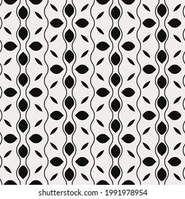 Black leaves and vertical wavy lines make simple pattern. Vector wallpaper.