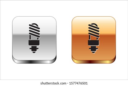 Black LED light bulb icon isolated on white background. Economical LED illuminated lightbulb. Save energy lamp. Silver-gold square button. Vector Illustration