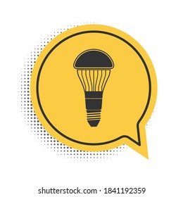 Black LED light bulb icon isolated on white background. Economical LED illuminated lightbulb. Save energy lamp. Yellow speech bubble symbol. Vector.