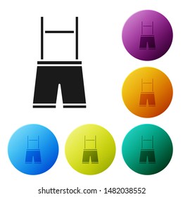 Black Lederhosen icon isolated on white background. Traditional bavarian clothing. Oktoberfest outfit. Pants with suspenders. Patrick day. Set icons colorful circle buttons. Vector Illustration