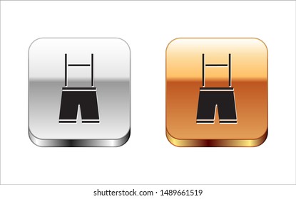 Black Lederhosen icon isolated on white background. Traditional bavarian clothing. Oktoberfest outfit. Pants with suspenders. Patrick day. Silver-gold square button. Vector Illustration
