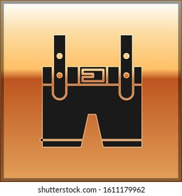 Black Lederhosen icon isolated on gold background. Traditional bavarian clothing. Oktoberfest outfit. Pants with suspenders. Patrick day.  Vector Illustration