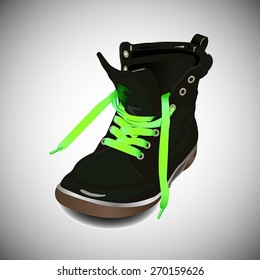 black left boot with green lace