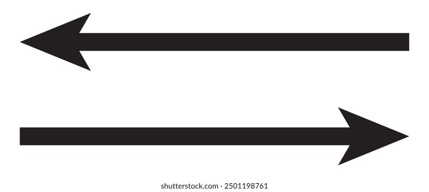 Black left and right arrow icon. Set of 2. Black long dual side double arrow isolated on white background. Vector illustration, eps 10.