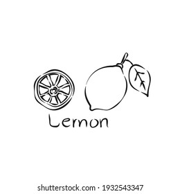 Black Lemon Hand Draw Fruit In Vintage Style On White Background. Line Art. Sketch Botanical Illustration. Citrus Fruit. Freehand Drawn Image For Decoration Design. Healthy Food Concept. Vector.
