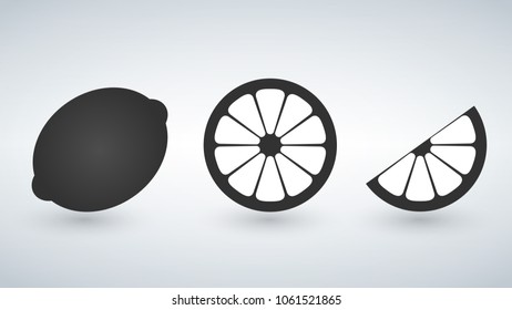 Black Lemon, lime icons set. Vector illustration isolated on white background.