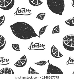 Black lemon seamless pattern with lettering on white background. Vector illustration.
