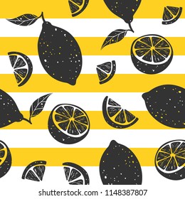 Black lemon seamless pattern on yellow and white stripes. Vector illustration.