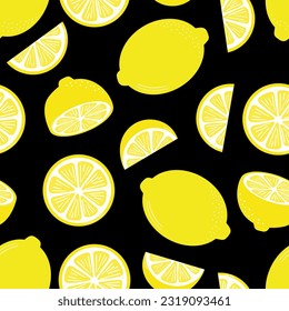 Black lemon vector repeat pattern, seamless repeating background for fabric of wrapping paper