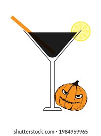 Black lemonade, Martini halloween holiday with lemon and pumpkin. Pumpkin handmade author drawing, element for your design, isolated, white background.