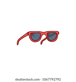 Black lens sunglasses with red border icon. Vintage eyesight protection accessory. Summer holiday poster, banner design element. Isolated vector sketch illustration