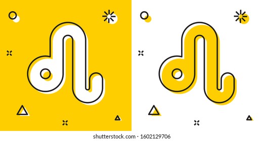 Black Leo zodiac sign icon isolated on yellow and white background. Astrological horoscope collection. Random dynamic shapes. Vector Illustration