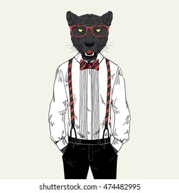 black leopard dressed up in classy style, anthropomorphic illustration, fashion animals