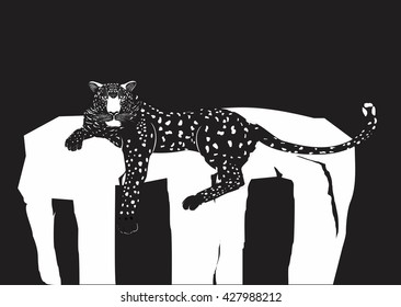 Black leopard with white patterns lying on white stone, black background, logo design, vector illustration.