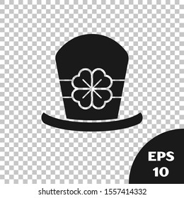 Black Leprechaun hat and four leaf clover icon isolated on transparent background. Happy Saint Patricks day.  Vector Illustration