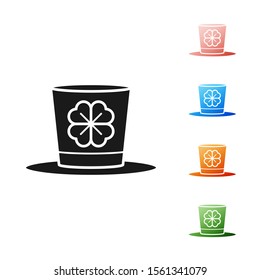 Black Leprechaun hat and four leaf clover icon isolated on white background. Happy Saint Patricks day. Set icons colorful. Vector Illustration