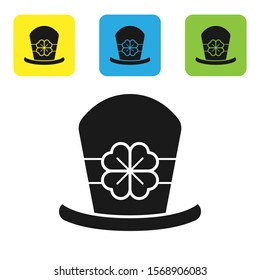 Black Leprechaun hat and four leaf clover icon isolated on white background. Happy Saint Patricks day. Set icons colorful square buttons. Vector Illustration