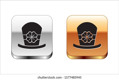 Black Leprechaun hat and four leaf clover icon isolated on white background. Happy Saint Patricks day. Silver-gold square button. Vector Illustration