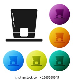 Black Leprechaun hat icon isolated on white background. Happy Saint Patricks day. Set icons colorful circle buttons. Vector Illustration