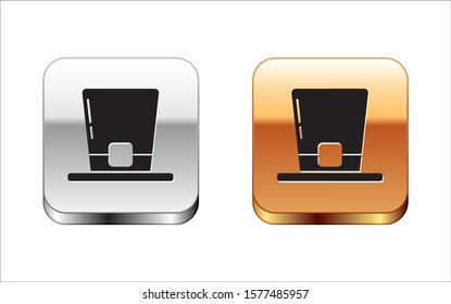 Black Leprechaun hat icon isolated on white background. Happy Saint Patricks day. Silver-gold square button. Vector Illustration