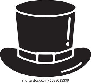 A black Leprechaun Hat icon on a white background, featuring a tall, curved top, wide brim, and a buckle on a band, symbolizing Irish folklore and St. Patrick’s Day.