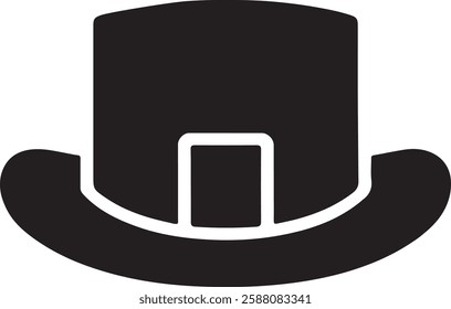 A black Leprechaun Hat icon on a white background, featuring a tall, curved top, wide brim, and a buckle on a band, symbolizing Irish folklore and St. Patrick’s Day.