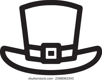 A black Leprechaun Hat icon on a white background, featuring a tall, curved top, wide brim, and a buckle on a band, symbolizing Irish folklore and St. Patrick’s Day.