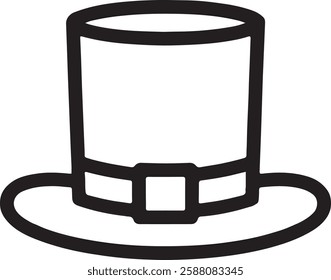 A black Leprechaun Hat icon on a white background, featuring a tall, curved top, wide brim, and a buckle on a band, symbolizing Irish folklore and St. Patrick’s Day.