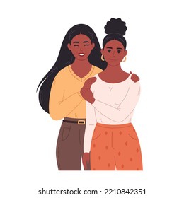 Black Lesbian Couple Hugging And Smiling. Sweetheart Couple Together. LGBT Family, LGBT Pride. Hand Drawn Vector Illustration