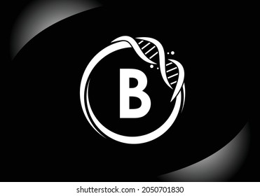 Black letter B monogram alphabet in a circle with DNA. Genetics logo design concept. Font emblem. Modern vector logo for medicine, science, laboratory, business, and company identity