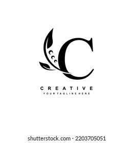 black letter C logo with luxury black leaf ornament. C flourish, C monogram, typography. feather logo. C premium design. suitable for company logo, business, boutique, wedding, celebration, etc