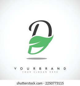 Diseño del logotipo de la letra negra D con hoja verde. Ilustración vectorial
