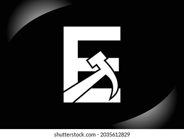 Black letter E monogram alphabet with a Hammer. Repair, renovation, and construction logo. Modern vector logo for construction business, and company identity