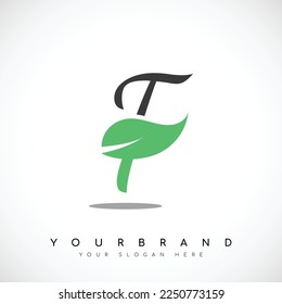 Black Letter F Logo Design With Green Leaf. Vector Illustration