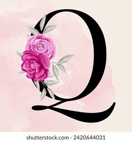 Black letter font romantic typography with pink watercolor floral background