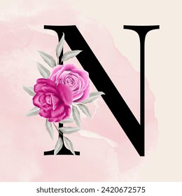 Black letter font romantic typography with pink watercolor floral background