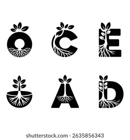 Black letter forms intertwine with roots and leaves, representing growth and interconnectedness against a neutral background. A conceptual design promoting nature.