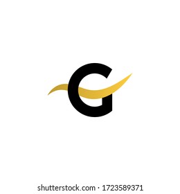 Black Letter G Monogram Typography with gold gradient wavy stripes line in center.