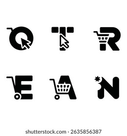 Black letter icons uniquely represent online shopping concepts, blending typography with shopping carts and click cursors in a simple, eyecatching graphic