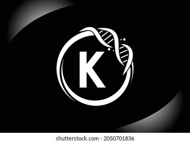 Black letter K monogram alphabet in a circle with DNA. Genetics logo design concept. Font emblem. Modern vector logo for medicine, science, laboratory, business, and company identity